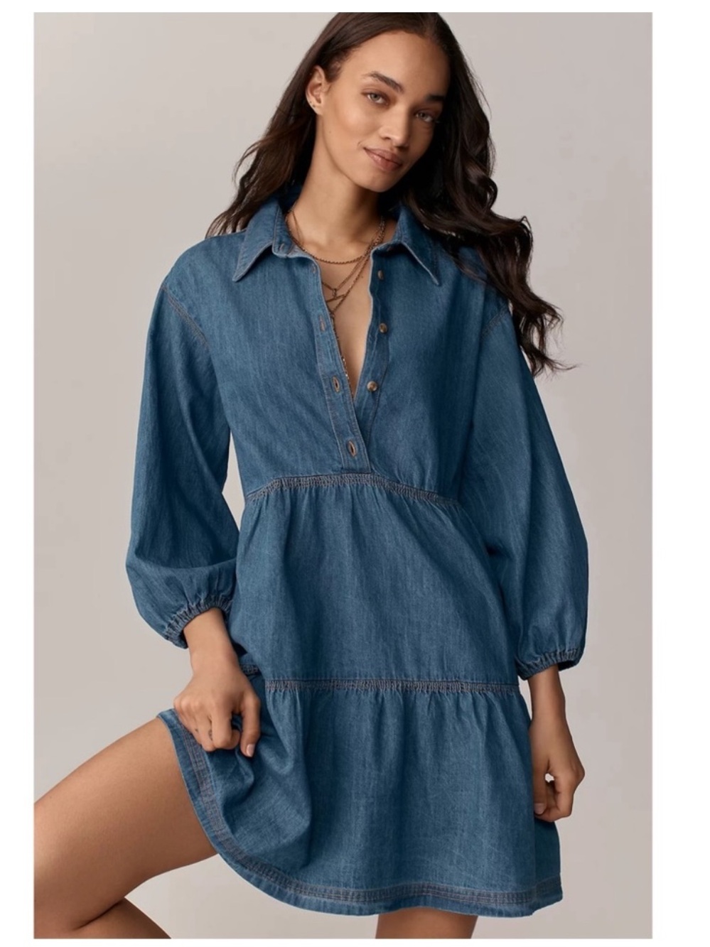 Anthropologie Maeve Bettina Denim Blue Tiered Shirt Dress Size